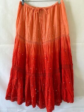 Boho Ombre Orange Red Tiered Maxi Skirt Size M Drawstring Cotton Fairy Cottage